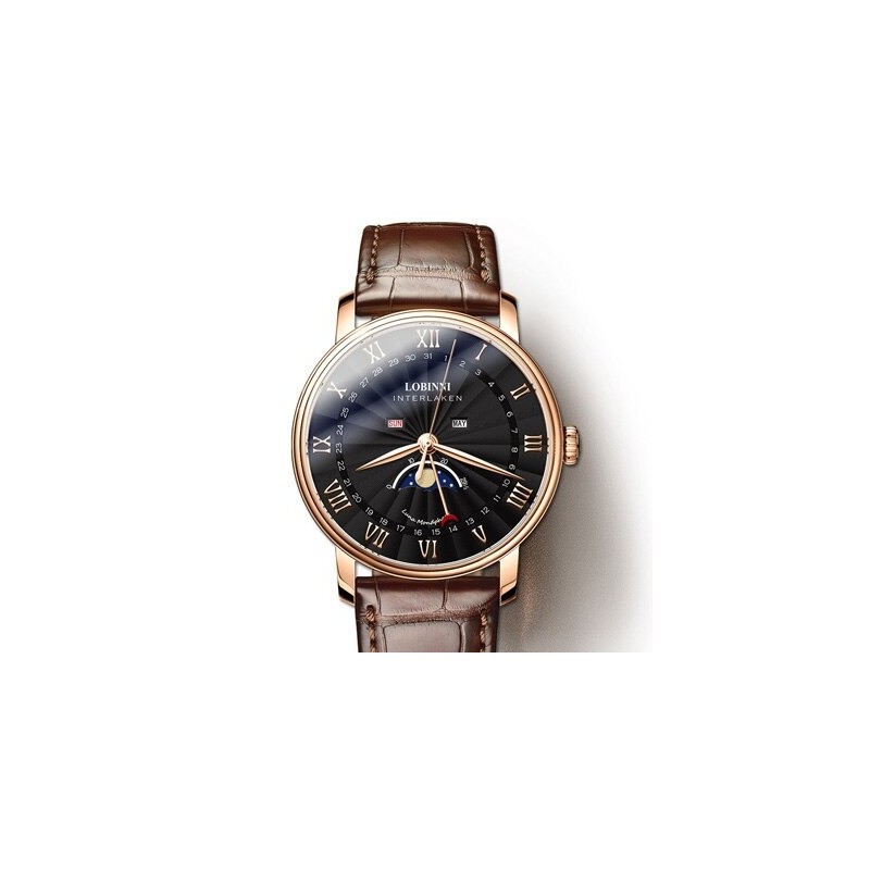 RelojesLOBINNI - reloj de cuarzo de lujo - fase lunar - resistente al agua - correa de cuero - negro / marrón