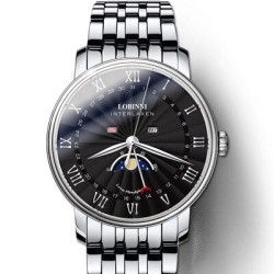 RelojesLOBINNI - reloj de cuarzo de lujo - fase lunar - resistente al agua - acero inoxidable - plata / negro