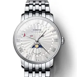 RelojesLOBINNI - reloj de cuarzo de lujo - fase lunar - resistente al agua - acero inoxidable - plata / blanco