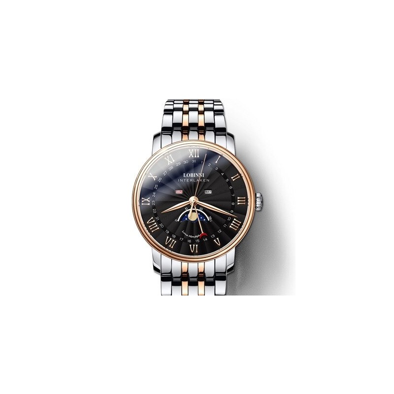 RelojesLOBINNI - reloj de cuarzo de lujo - fase lunar - resistente al agua - acero inoxidable - oro / negro