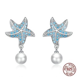 AretesPendientes estrella de mar con circonitas azules - con perla - plata de ley 925