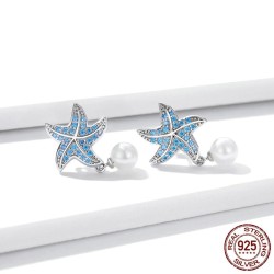 AretesPendientes estrella de mar con circonitas azules - con perla - plata de ley 925