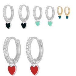 AretesPendientes redondos de plata con cristales / corazón colgante - Plata de ley 925