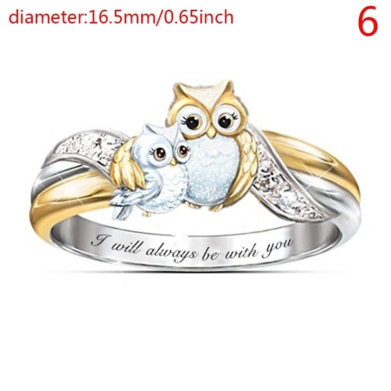 Mother owl with child - crystal ring - "I Will Always Be With You" letteringRings