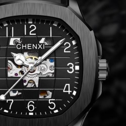RelojesCHENXI - reloj mecánico automático de cuarzo - resistente al agua - diseño esqueleto - negro
