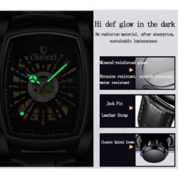 RelojesCHENXI - reloj cuadrado automático - diseño hueco tallado - correa de cuero - negro / verde