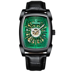 CHENXI - automatic square watch - hollow-carved design - leather strap - black / greenWatches
