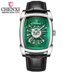 RelojesCHENXI - reloj cuadrado automático - diseño hueco tallado - correa de cuero - plata / verde
