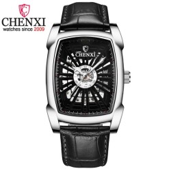 RelojesCHENXI - reloj cuadrado automático - diseño hueco tallado - correa de cuero - plata / negro