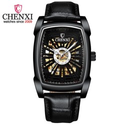 CHENXI - automatic square watch - hollow-carved design - leather strap - blackWatches