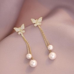 Long golden earrings - butterfly / pearlsEarrings