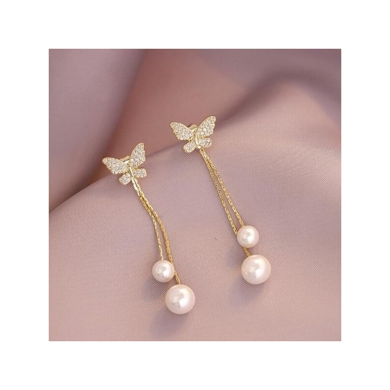 Long golden earrings - butterfly / pearlsEarrings