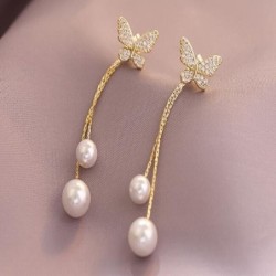 Long golden earrings - butterfly / pearlsEarrings