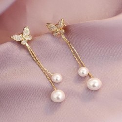 Long golden earrings - butterfly / pearlsEarrings