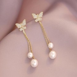 Long golden earrings - butterfly / pearlsEarrings