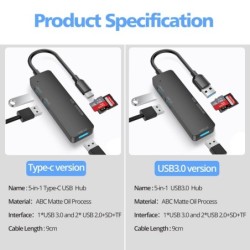 HubHUB 5 en 1 - USB 3.0 - tipo C - TF - SD - adaptador - divisor