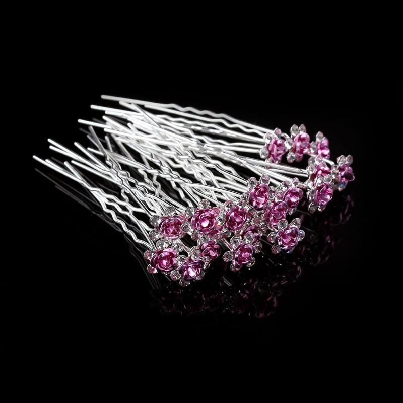Pinzas de cabelloHorquillas de plata - rosas / cristales de colores - 20 piezas