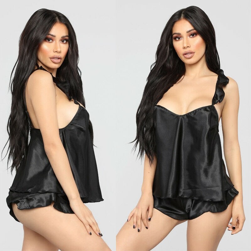 LenceríaPijama sexy satinado - shorts - top sin mangas - conjunto