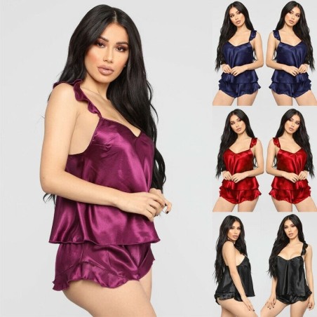 LenceríaPijama sexy satinado - shorts - top sin mangas - conjunto