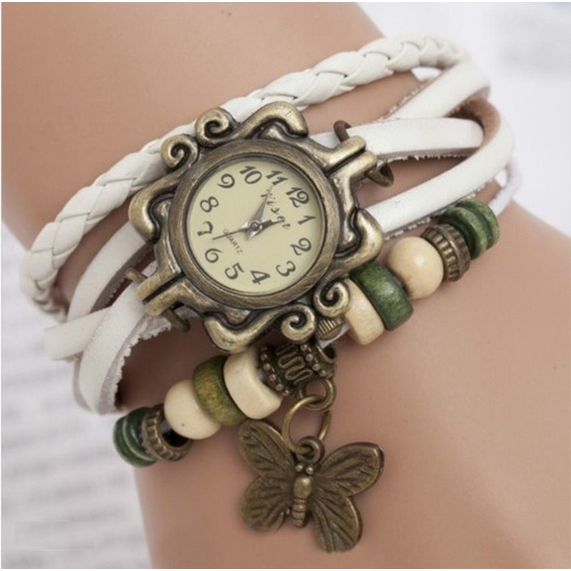 Vintage multi layer bracelet - with Quartz watch - beads / butterflyBracelets