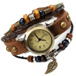 Vintage multi layer leather bracelet - with Quartz watch / beadsWatches