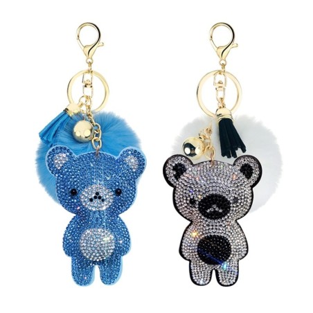 Crystal teddy bear with fur pom pom - keychainKeyrings