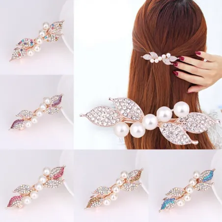 Pinzas de cabelloElegante horquilla dorada - hojas de cristal / perlas