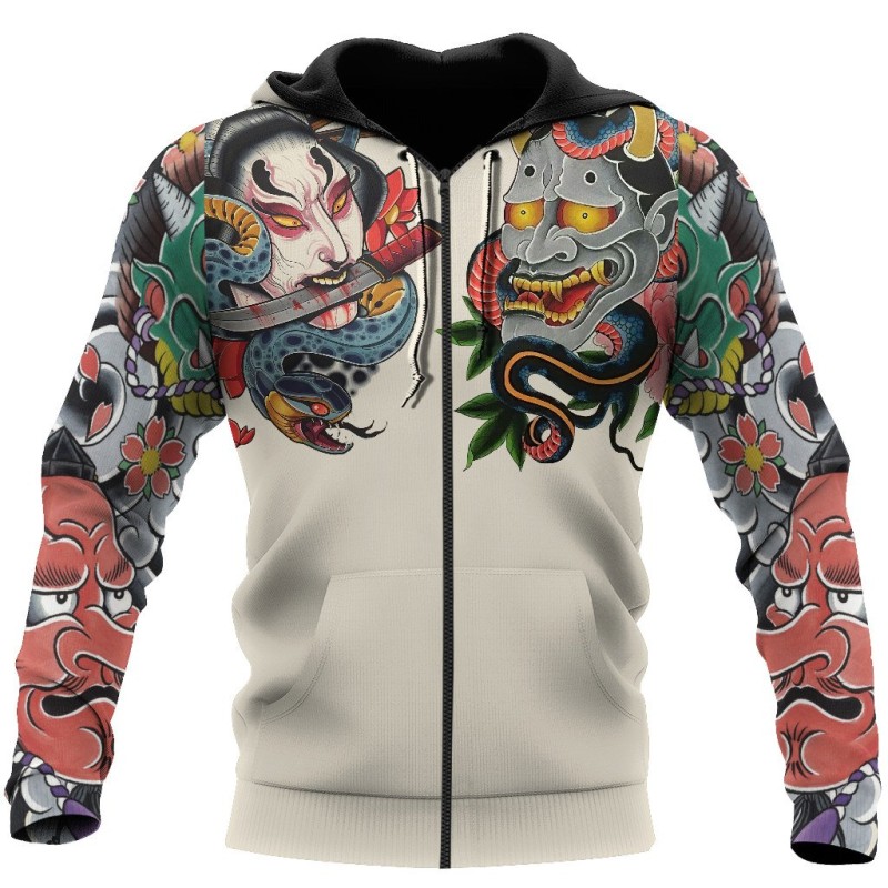 Hoodies & SudaderaCultura japonesa - estampado de tatuaje de máscara - sudadera con capucha y cremallera Hoodies & SudaderaCultura japonesa - estampado de tatuaje de máscara - sudadera con capucha y cremallera