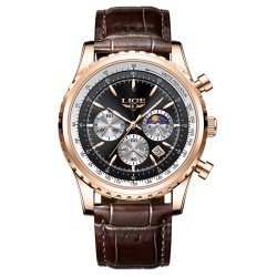 RelojesLIGE - reloj de cuarzo de acero inoxidable de lujo - luminoso - correa de cuero - resistente al agua - oro rosa / negro