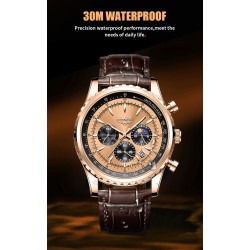 RelojesLIGE - reloj de cuarzo de acero inoxidable de lujo - luminoso - correa de cuero - resistente al agua - negro