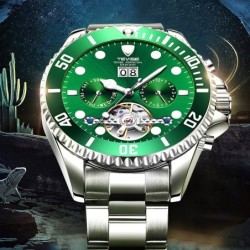 RelojesTEVISE - elegante reloj automático - acero inoxidable - resistente al agua - plateado / verde