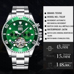 RelojesTEVISE - elegante reloj automático - acero inoxidable - resistente al agua - plateado / verde