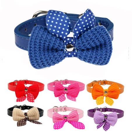 Leather collar with a knitted bowknot - for dogs / catsCollars & Leads