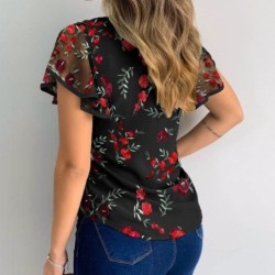 Blusas y camisasBlusa elegante de malla - bordado floral / mariposas - manga corta