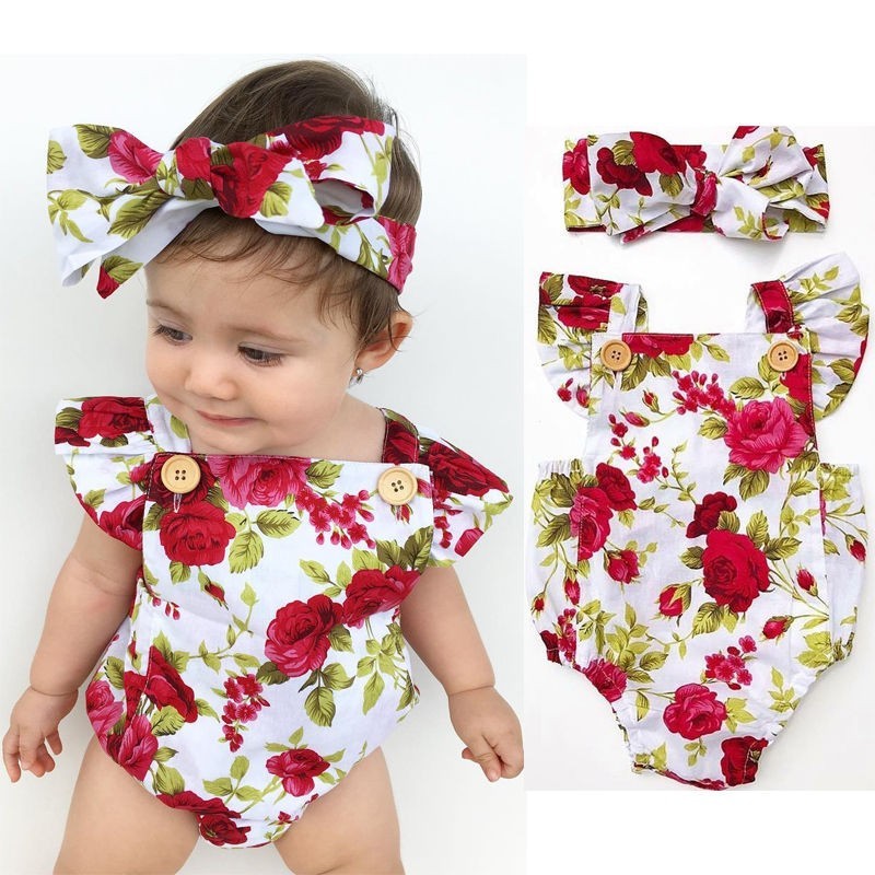 Floral baby girl jumpsuit & headband - cotton set - 2 piecesClothes