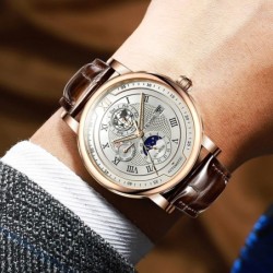 RelojesReloj de lujo con correa de cuero para hombre - Negocios - Casual - Impermeable - Reloj de pulsera automático