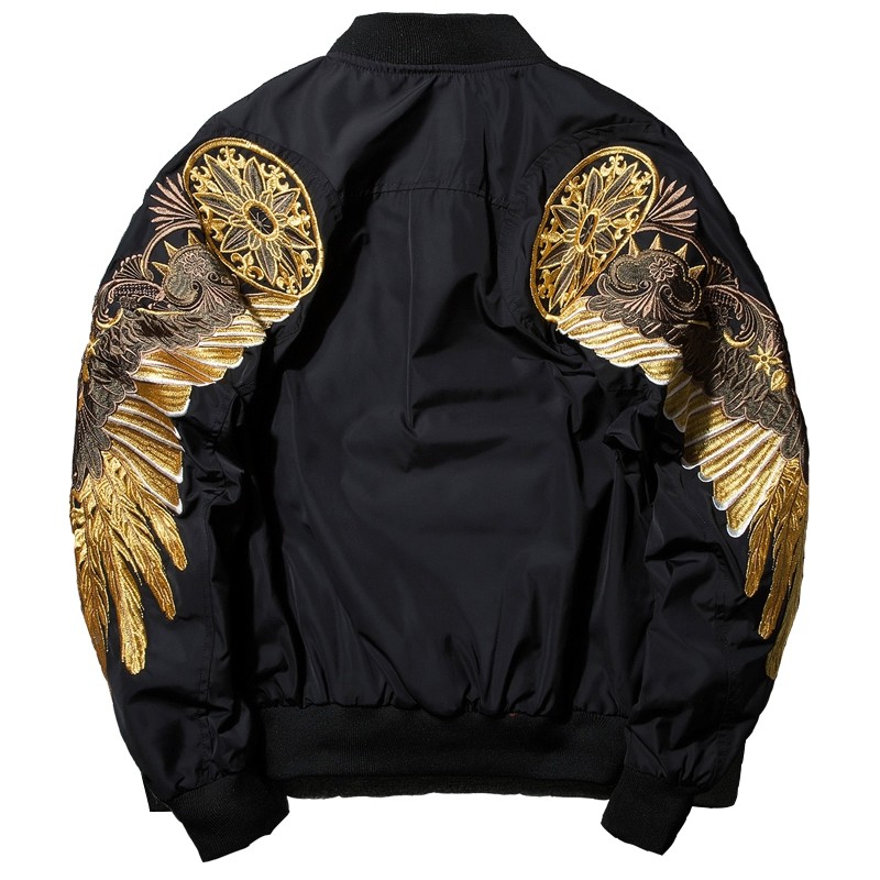 Black bomber jacket with embroidered golden wingsJackets