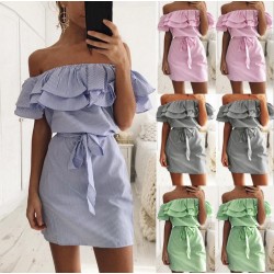 Off shoulders strapless striped ruffles mini dressDresses