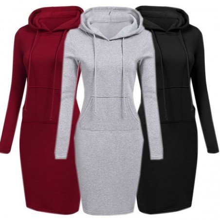 Fleece hooded dress with pockets - long sweaterDresses