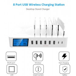 8 Port USB charger with wireless charging - Type-C - LED display and standChargers