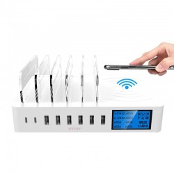 8 Port USB charger with wireless charging - Type-C - LED display and standChargers