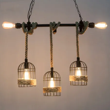 Retro iron hanging lamp with hand knitted rope - lights in cageWall lights