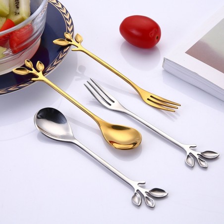 CubiertosMango en forma de hoja - cuchara de té & tenedor para té - café & postres