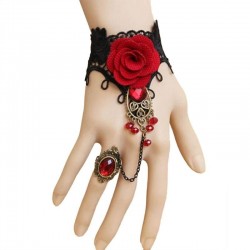 Gothic style lace bracelet with red rose & adjustable ring