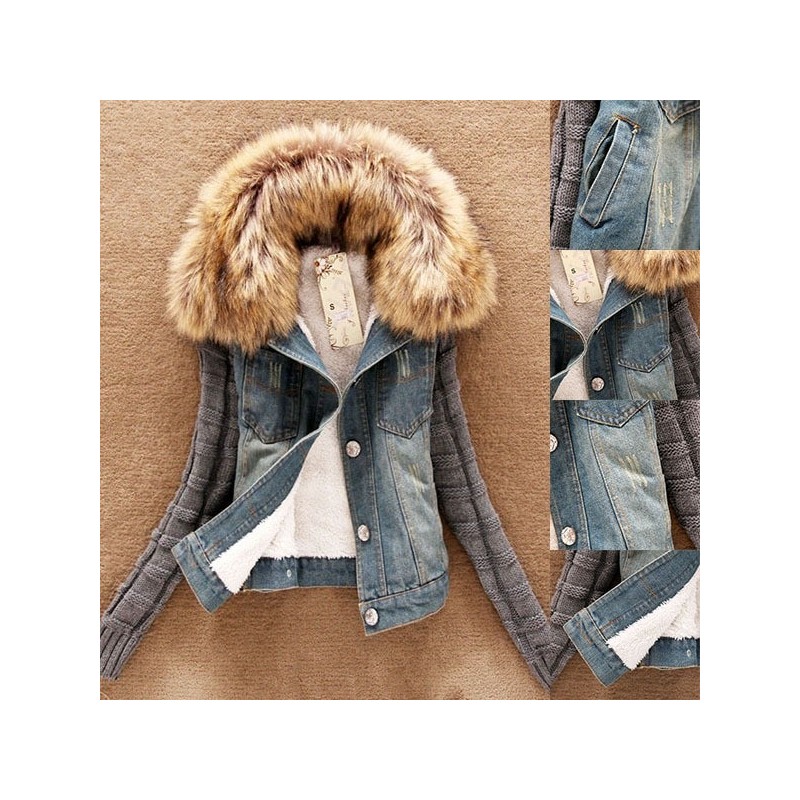 ChaquetasChaqueta corta de denim de moda con cuello de piel desmontable ChaquetasChaqueta corta de denim de moda con cuello de piel desmontable