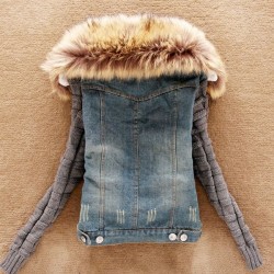 ChaquetasChaqueta corta de denim de moda con cuello de piel desmontable